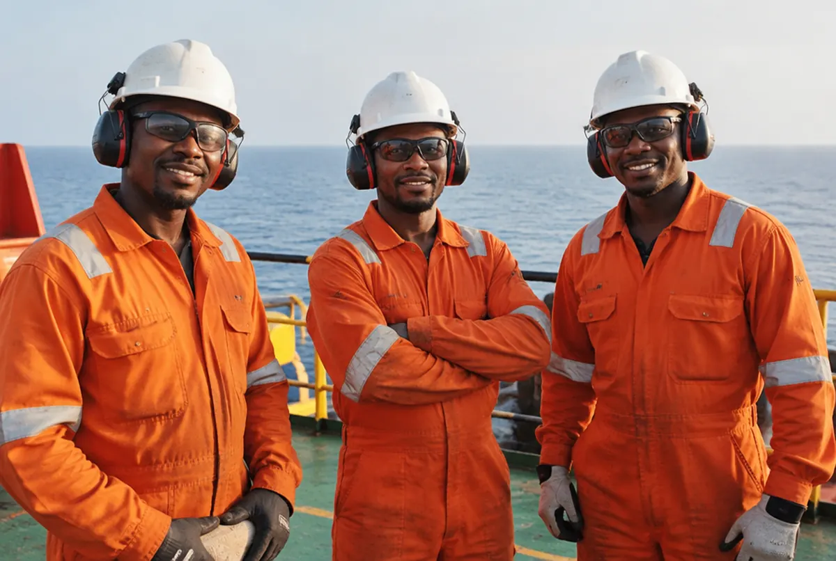 Três técnicos offshore de fato-macaco laranja e capacete no convés de uma plataforma